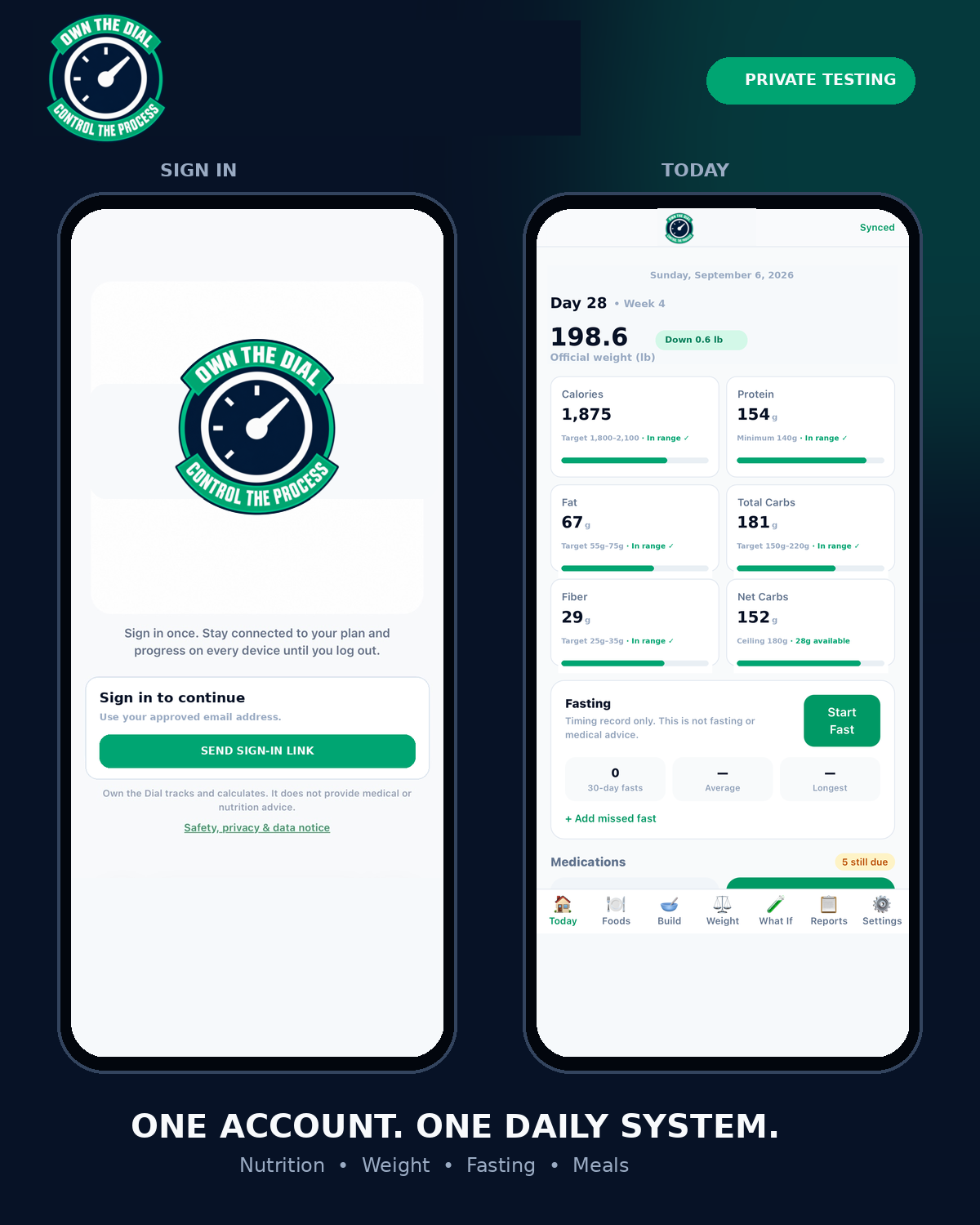 Preview of the Own the Dial app showing a nutrition tracking screen